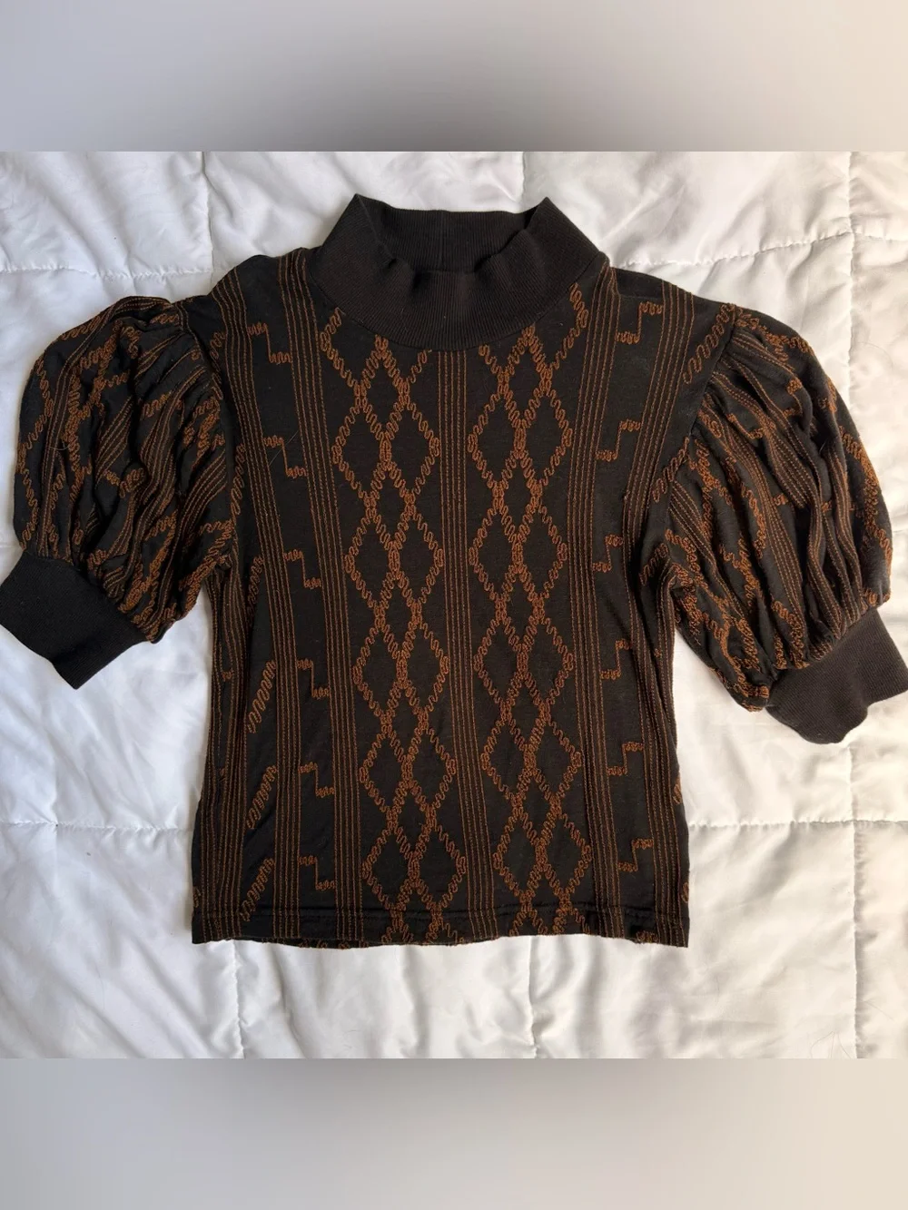 Free People Brown/Black Diamond Pattern Puff Sleeve Mock Neck Top